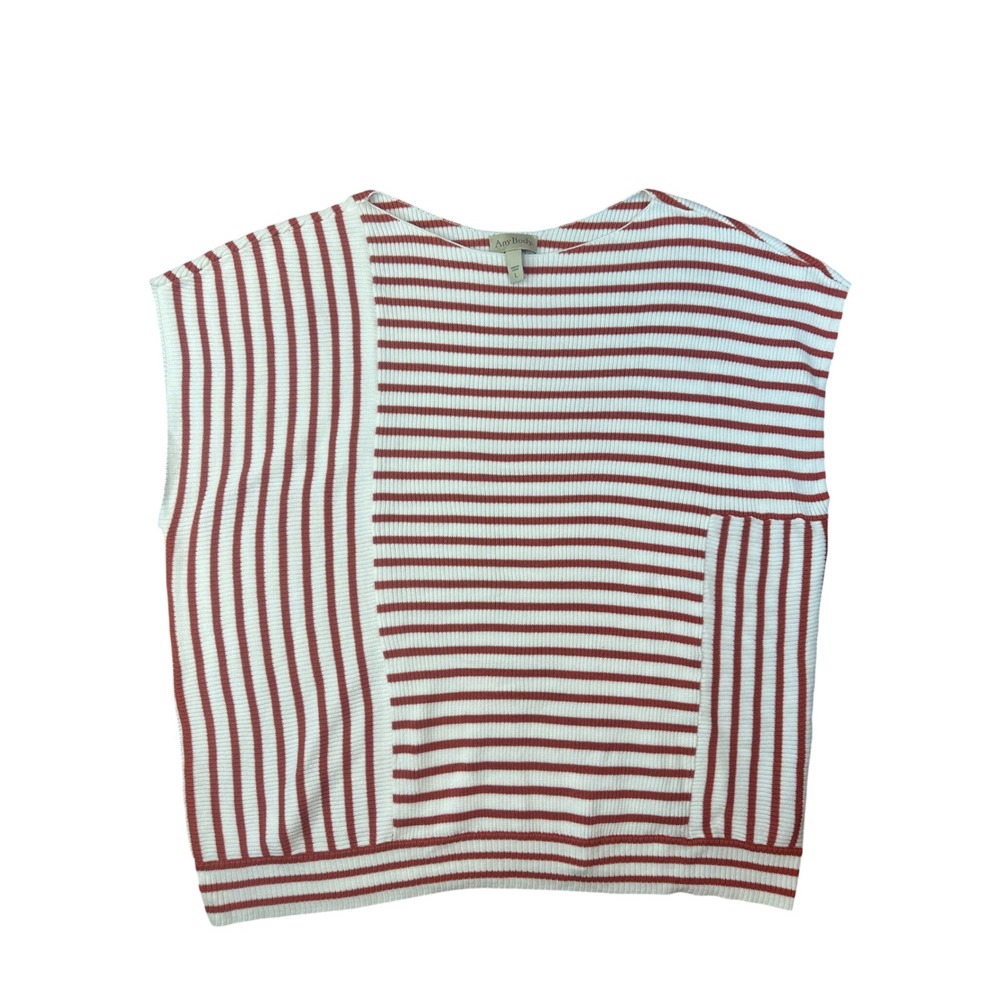 AnyBody Women Rust Orange White Striped Ribbed Knit Boat Neck Top Large A689691